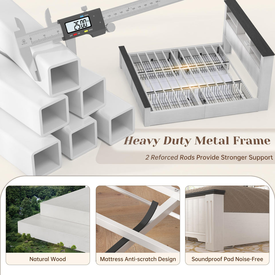 EnHomee King Size Bed Frame and Headboard & Storage, 4 Drawers and LED Built in Charging Station King Bed Frame with Storage Farmhouse,NO Noise,No Box Spring Needed,White