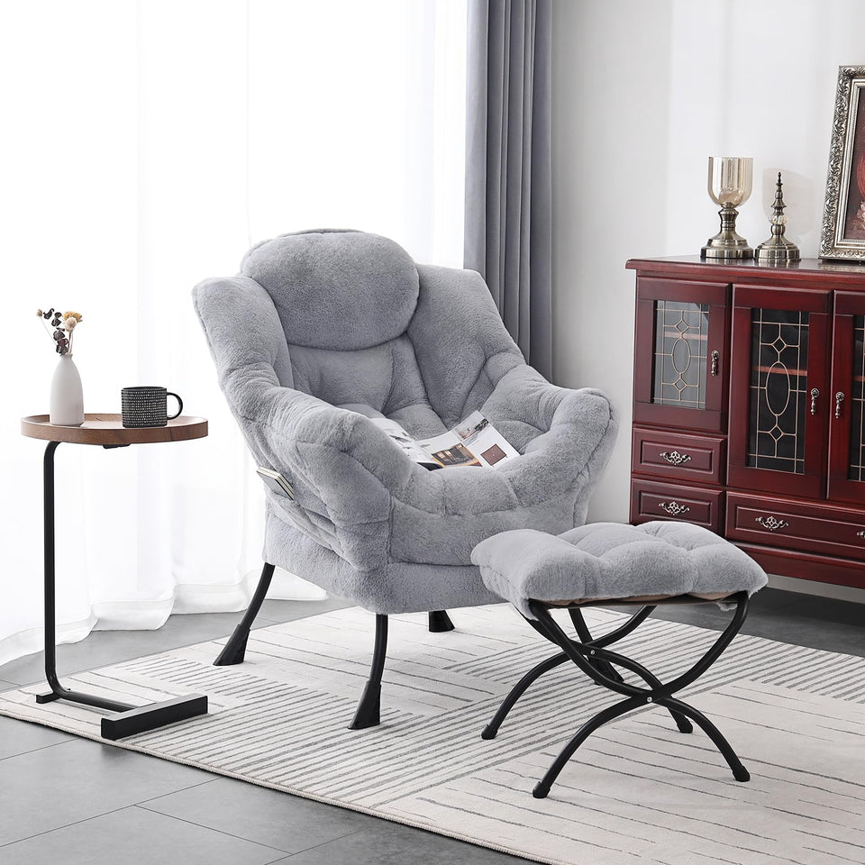 Welnow Lazy Chair with Ottoman, Modern Lounge Accent Chair with Armrests and a Side Pocket, Leisure Sofa Armchair, Reading Armchair with Footrest for Small Space, Dark Grey