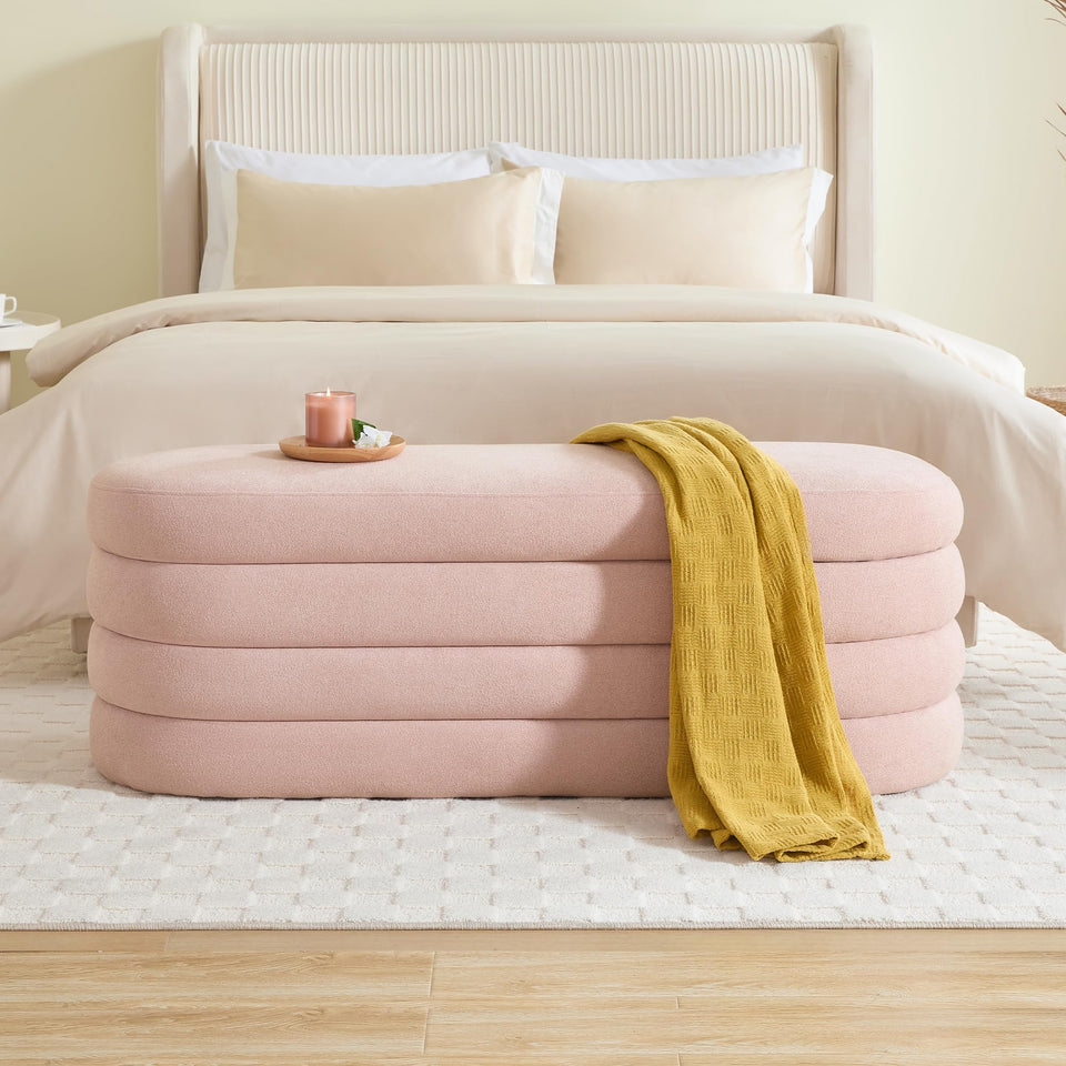 Busaurus Storage Ottoman Bench 49.2 Inch Upholstered Fabric Storage Bench for Bedroom End of Bed Aesthetic Large Oval Ottoman for Living Room Entryway (Ivory)
