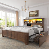 EnHomee King Size Bed Frame and Headboard & Storage, 4 Drawers and LED Built in Charging Station King Bed Frame with Storage Farmhouse,NO Noise,No Box Spring Needed,White