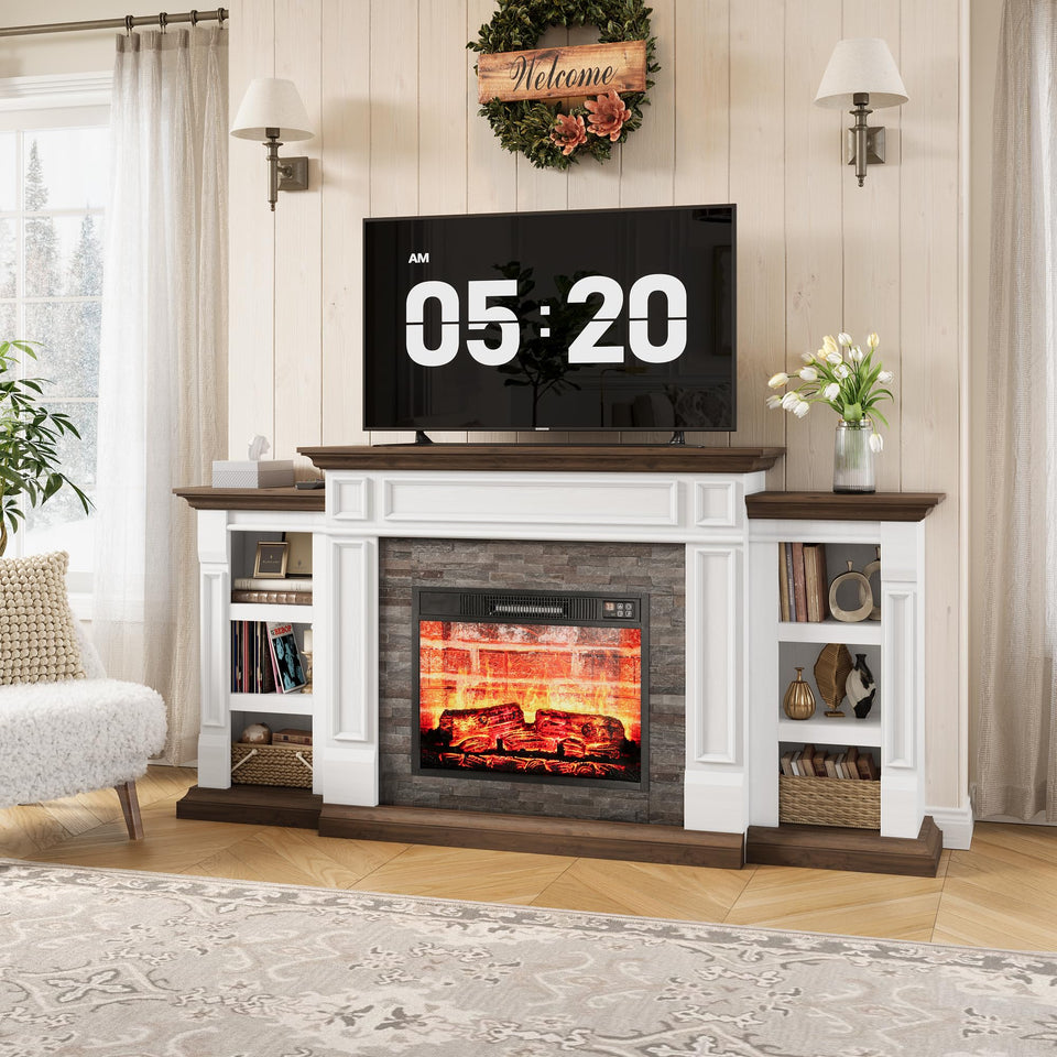 80" Fireplace TV Stand for TVs Up to 90 Inch, Electric Fireplace with Mantel, Farmhouse Entertainment Center with Storage, Realistic Stacked Stone Surround with Remote Control for Living Room