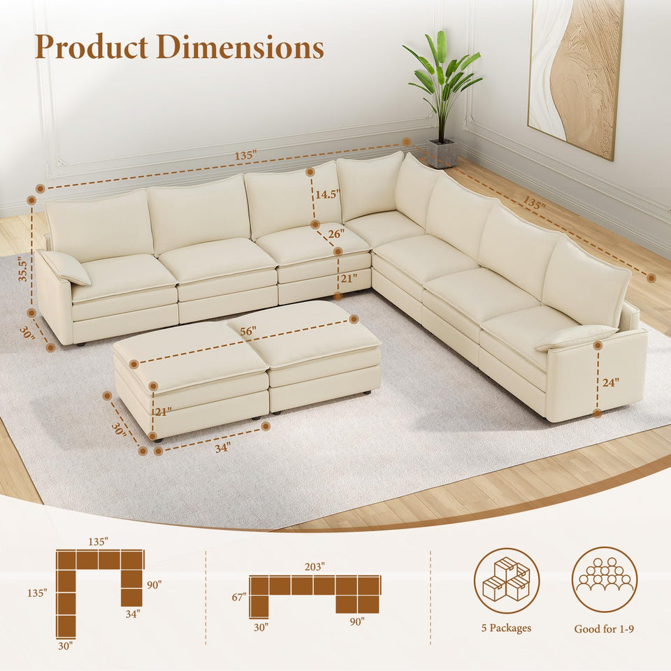 Vesgantti 142" U Shaped Sectional Couch, Comfy Cloud Modular Sectional Sofa with 2 Ottoman Deep Seat Chenille Modern Cloud Sofa, Modular Sofas for Living Room, Bedroom and Apartment, Beige