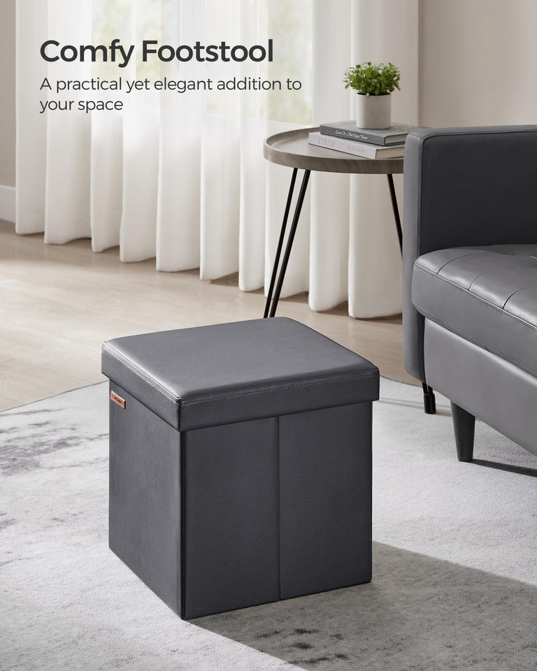 SONGMICS MAZIE Collection - 43 Inches Folding Storage Ottoman Bench, Ottoman with Storage, Foot Rest Stool, Load 660 lb, for Living Room, Synthetic Leather, Black ULSF701