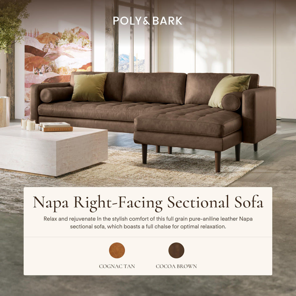 POLY & BARK Napa 72" Apartment Sofa – Italian-Tanned Full-Grain Pure-Aniline or Semi-Aniline Leather, Feather-Down Cushioning, Kiln-Dried Solid Wood Frame, Walnut Legs - Cognac Tan