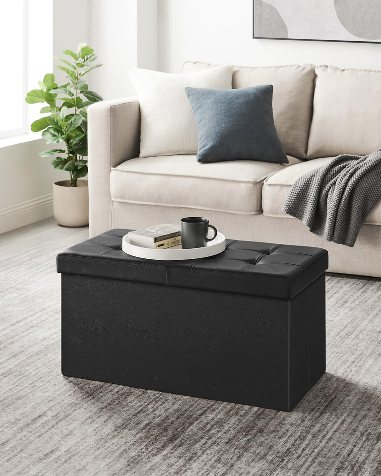 SONGMICS MAZIE Collection - 30 Inches Storage Ottoman Bench with Flipping Lid, Storage Chest Footstool, Load 660 lb, for Entryway, Living Room, Bedroom, Synthetic Leather, Black ULSF45BK