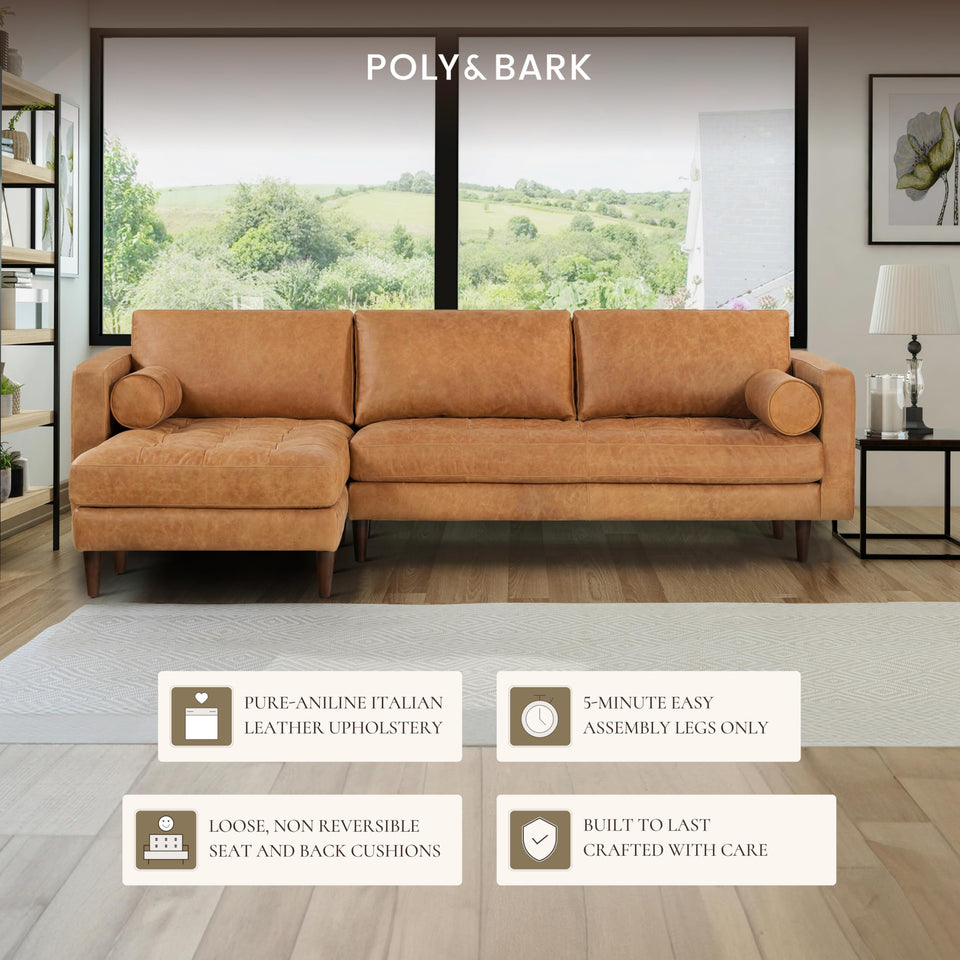 POLY & BARK Napa 72" Apartment Sofa – Italian-Tanned Full-Grain Pure-Aniline or Semi-Aniline Leather, Feather-Down Cushioning, Kiln-Dried Solid Wood Frame, Walnut Legs - Cognac Tan