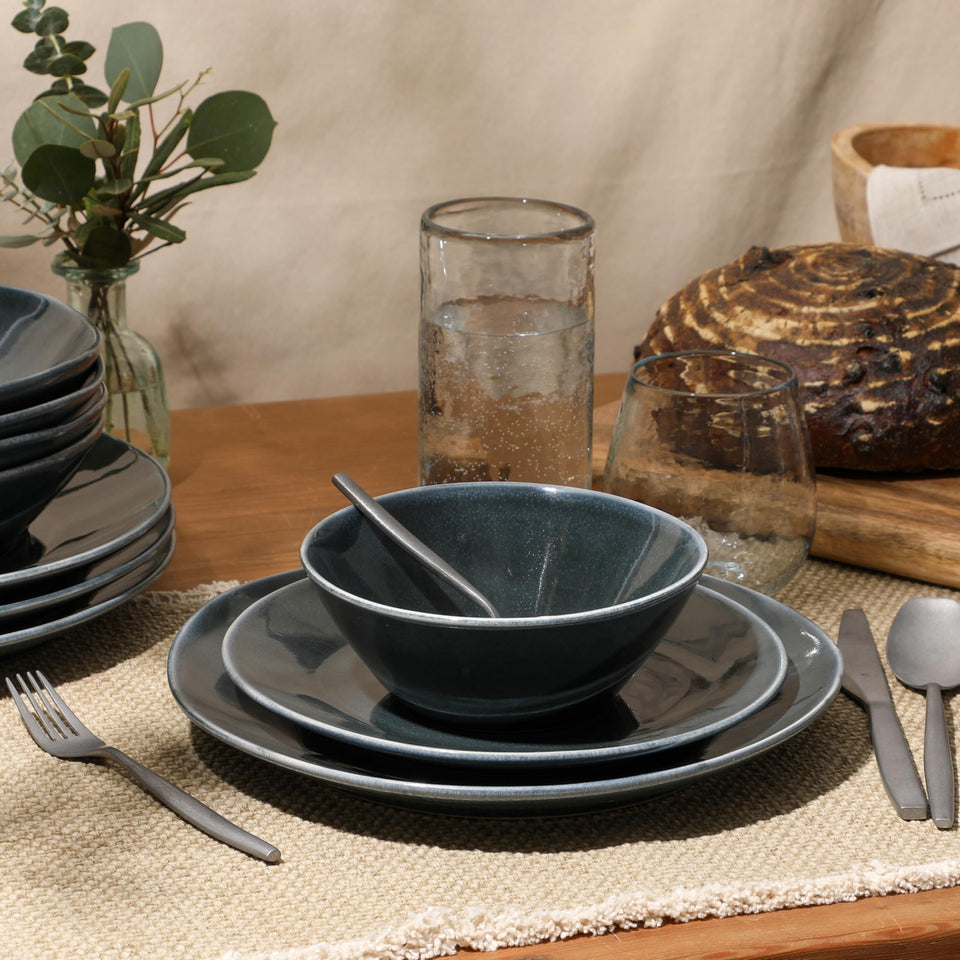 Bloomhouse Santorini Mist Double Bowl Terracotta Reactive Glaze Plates and Bowls Dinnerware Set - Amber, Service for Four (16pcs)