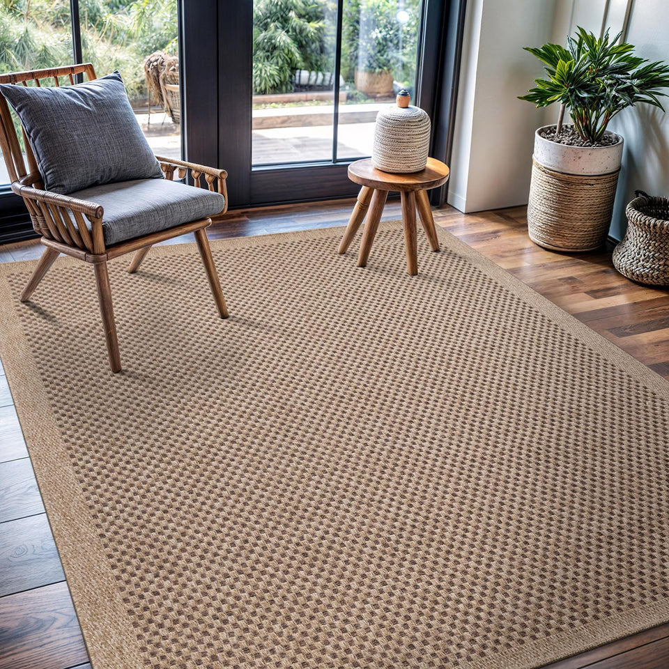 CAMILSON Easy Jute Rug 10x14, Indoor Outdoor Natural Color Fiber Area Rugs for Living Room Patio and Kitchen Rug Herringbone Woven Design Easy-Cleaning Washable Outside Carpet Alfombras 10 x 14