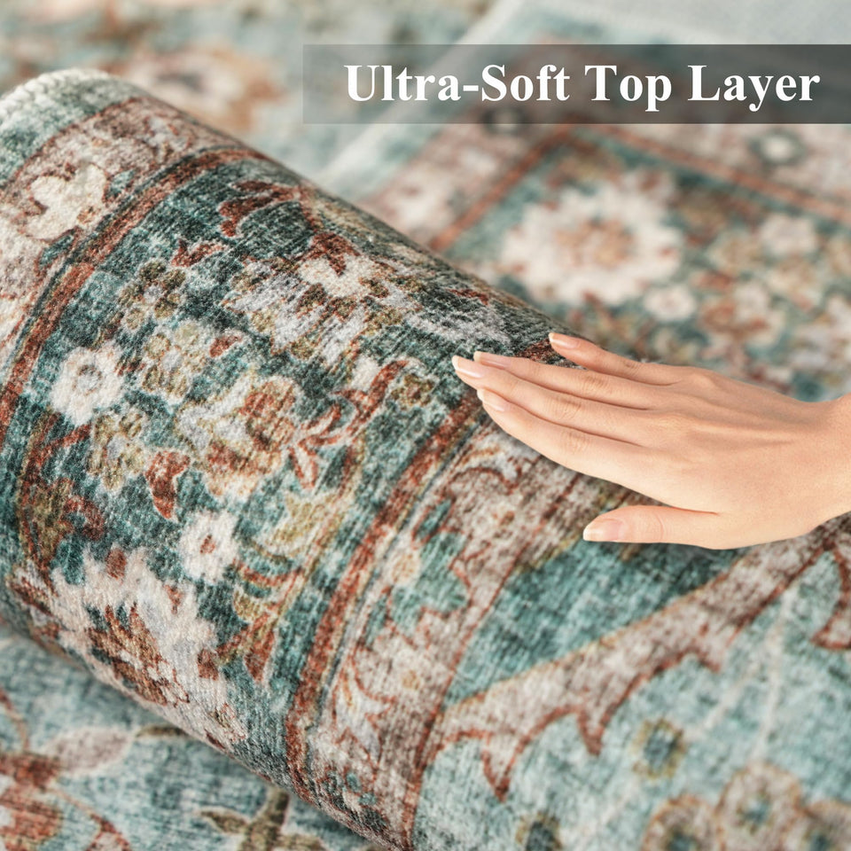 TOPRUUG Washable Oriental Area Rug - 12x15 Rugs for Living Room Soft Carpet for Bedroom Waterproof Floral Distressed Indoor Stain Resistant Non-Shedding Floor Carpets (Green, 12x15)