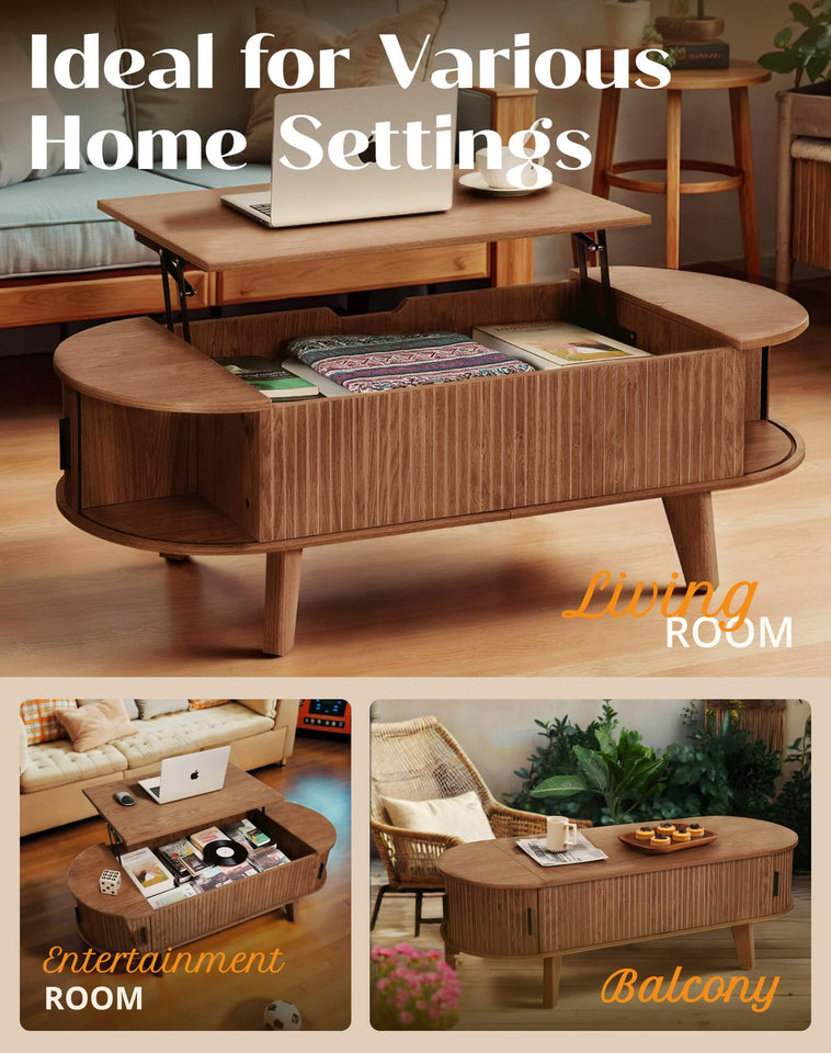 Pruchant Oval Lift Top Coffee Table with Storage, 47.2" Mid Century Modern Living Room Center Table with 180° Sliding Tambour Door, Wood Fluted Coffee Table for Home Office, Walnut
