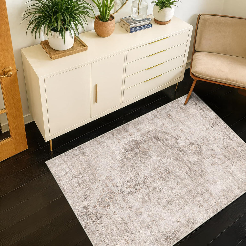 Neutral Living Room Rug - 10x14 Farmhouse Beige Brown Large Area Rug for Dining Room, Bedroom, Low Pile Lightweight Washable