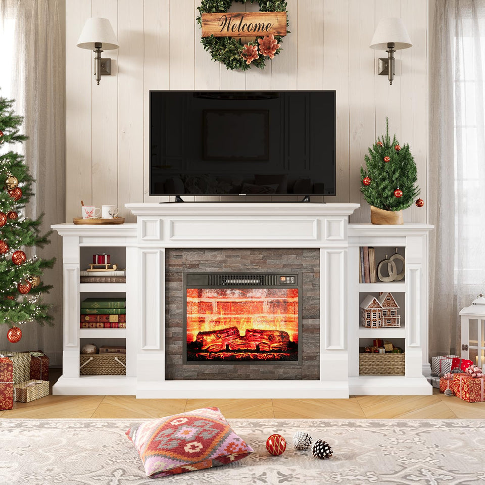 LGHM 72" Electric Fireplace with Mantel, Fireplace TV Stand for TVs Up to 80 Inch, Modern Entertainment Center with Storage, Realistic Stacked Stone Surround with Remote Control for Living Room