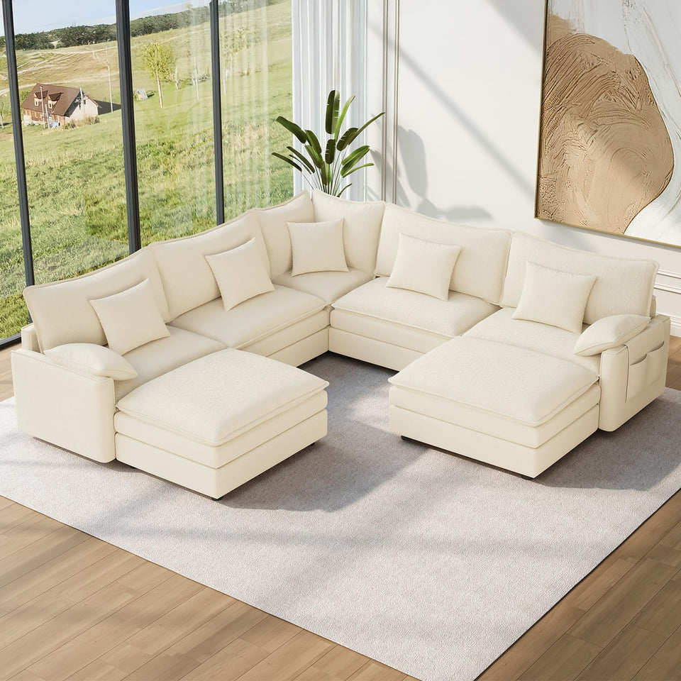 Vesgantti 142" U Shaped Sectional Couch, Comfy Cloud Modular Sectional Sofa with 2 Ottoman Deep Seat Chenille Modern Cloud Sofa, Modular Sofas for Living Room, Bedroom and Apartment, Beige