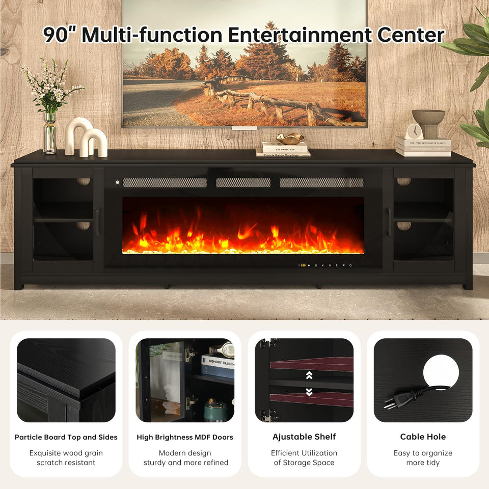 oneinmil 80" Fireplace TV Stand, 50 Inch Electric Fireplace & Modern Entertainment Center, TV Console with Adjustable Shelf & Glass Door for TVs Up to 90", Fire Place TV Stands for Living Room, Black