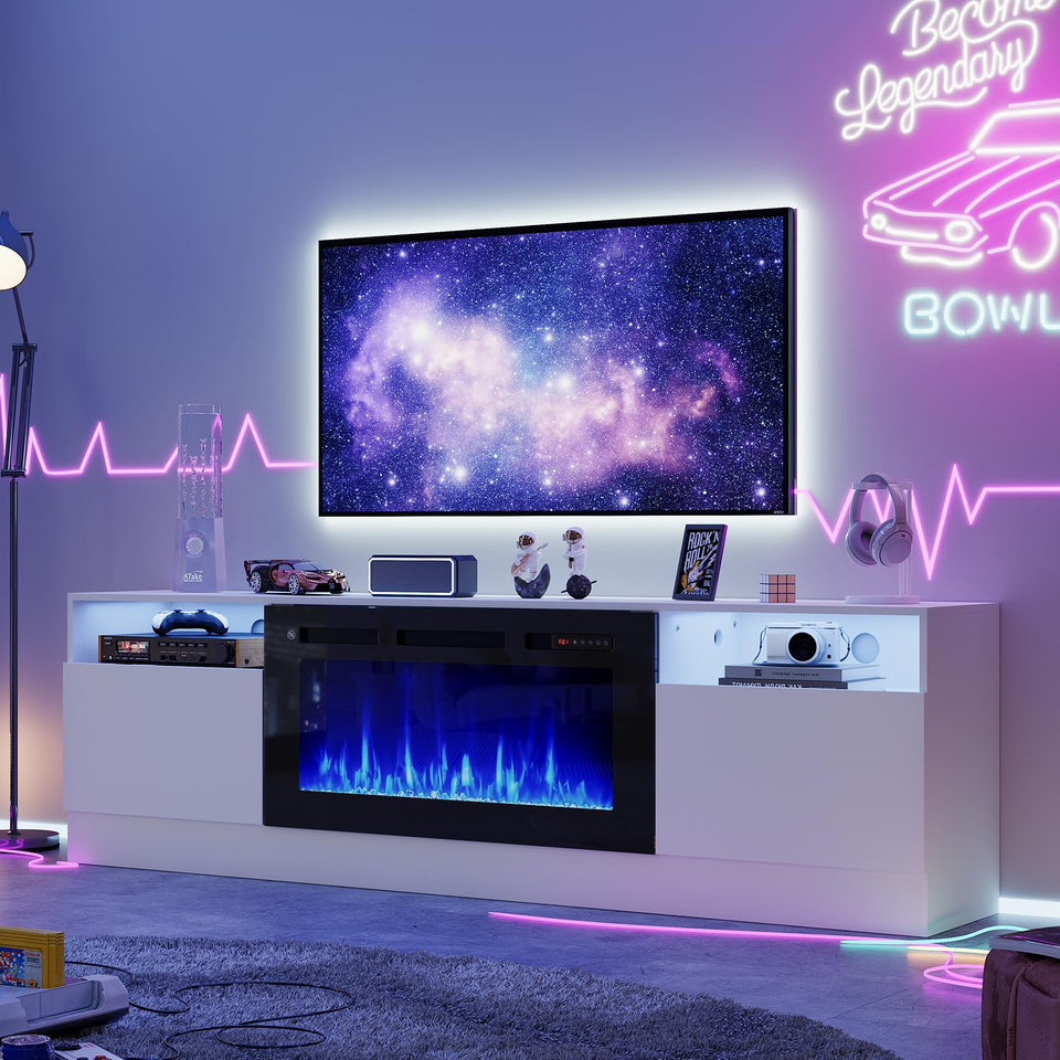 OneBlis 80" Fireplace TV Stand, LED Light Entertainment Center for TVs Up to 90", High-Gloss Door, Modern TV Console for Living Room with Storage Cabinet, Black+Black