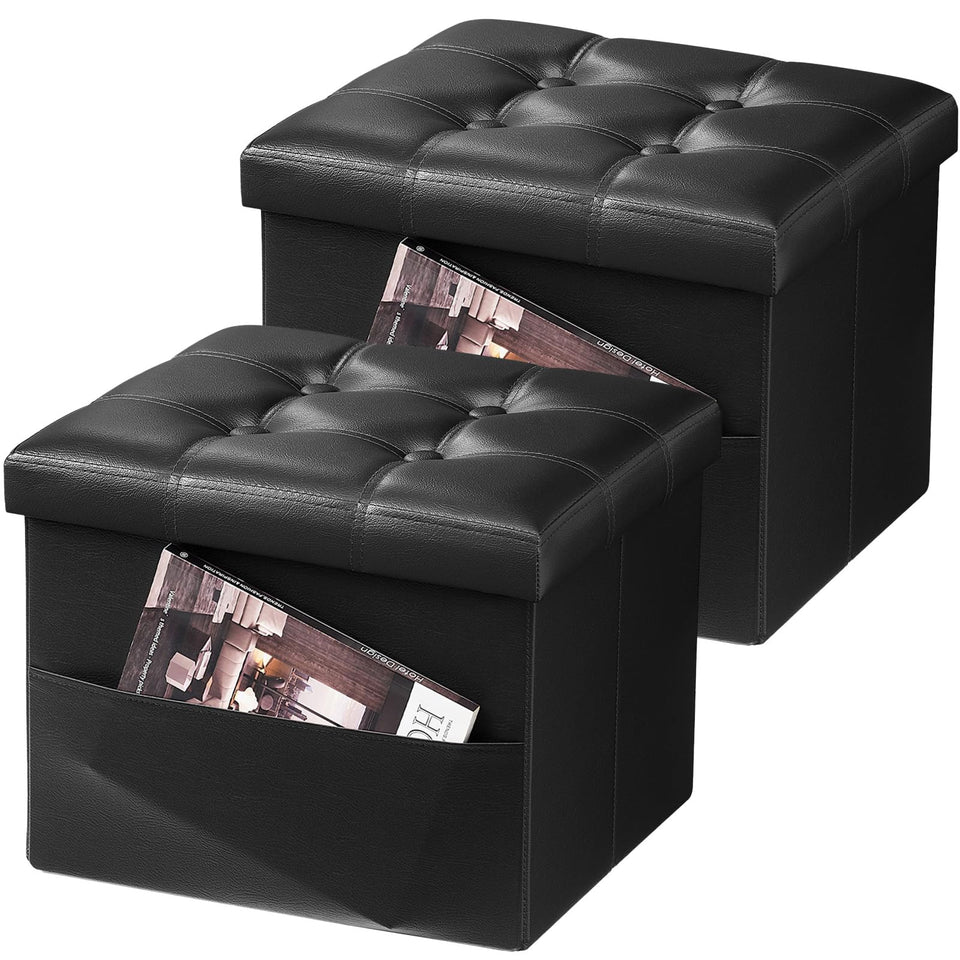 AmasSmile Storage Ottoman Folding Foot Rest Stool, Leather Footstool Bench, Short Ottoman Stool, Storage Foot Rest Store, Books (Black, 17" D x 13" W x 13" H)