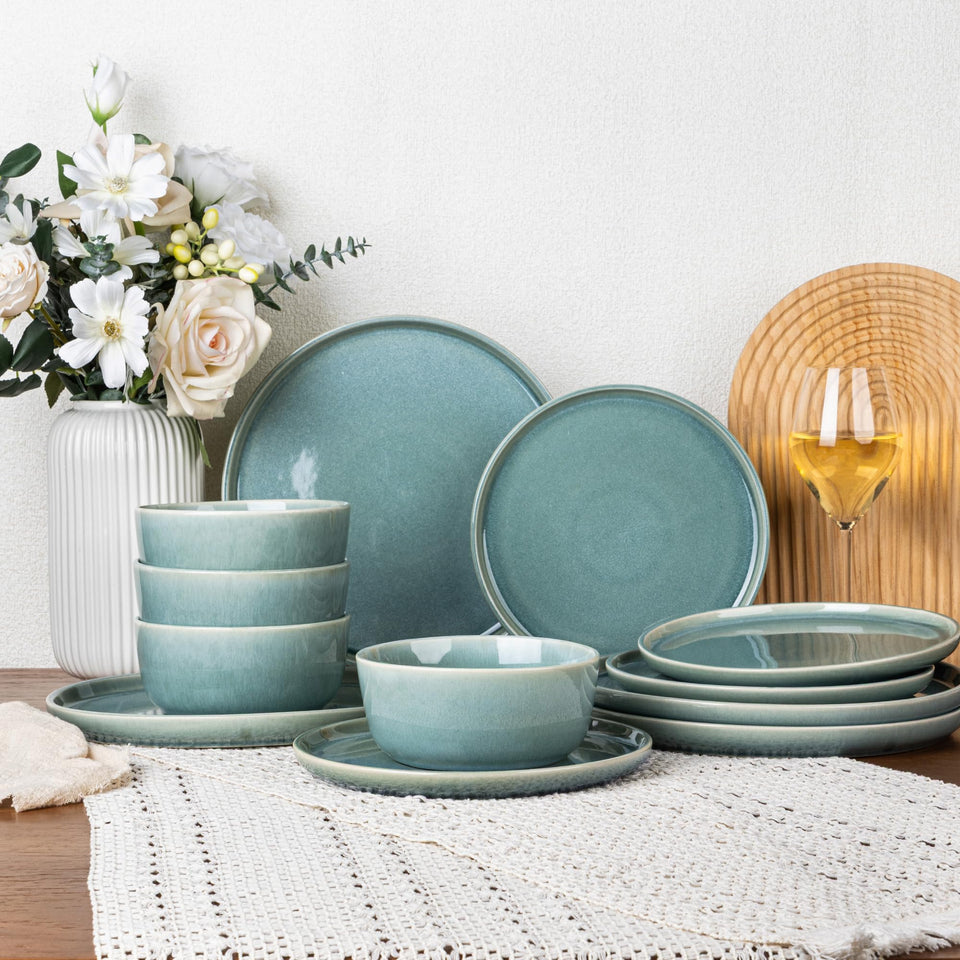 GBHOME Ceramic Dinnerware Sets for 8, 24 Pieces Stoneware Plates and Bowls Sets, Scratch Resistant Dishes, Dishwasher & Microwave Safe, Reactive Glaze-Green Wheat