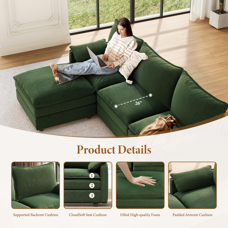 Vesgantti 142" U Shaped Sectional Couch, Comfy Cloud Modular Sectional Sofa with 2 Ottoman Deep Seat Chenille Modern Cloud Sofa, Modular Sofas for Living Room, Bedroom and Apartment, Beige