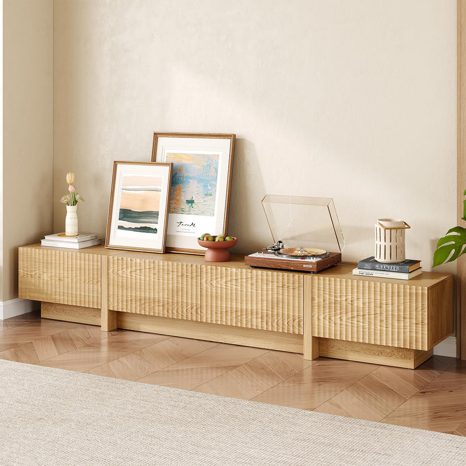 UKAOCAI 86.61'' Tambour TV Stand for 55-85 Inch, Modern Entertainment Center with Large Storage Cabinet & Open Shelves, TV Console with Sliding Doors for Living Room, Bedroom, Natural