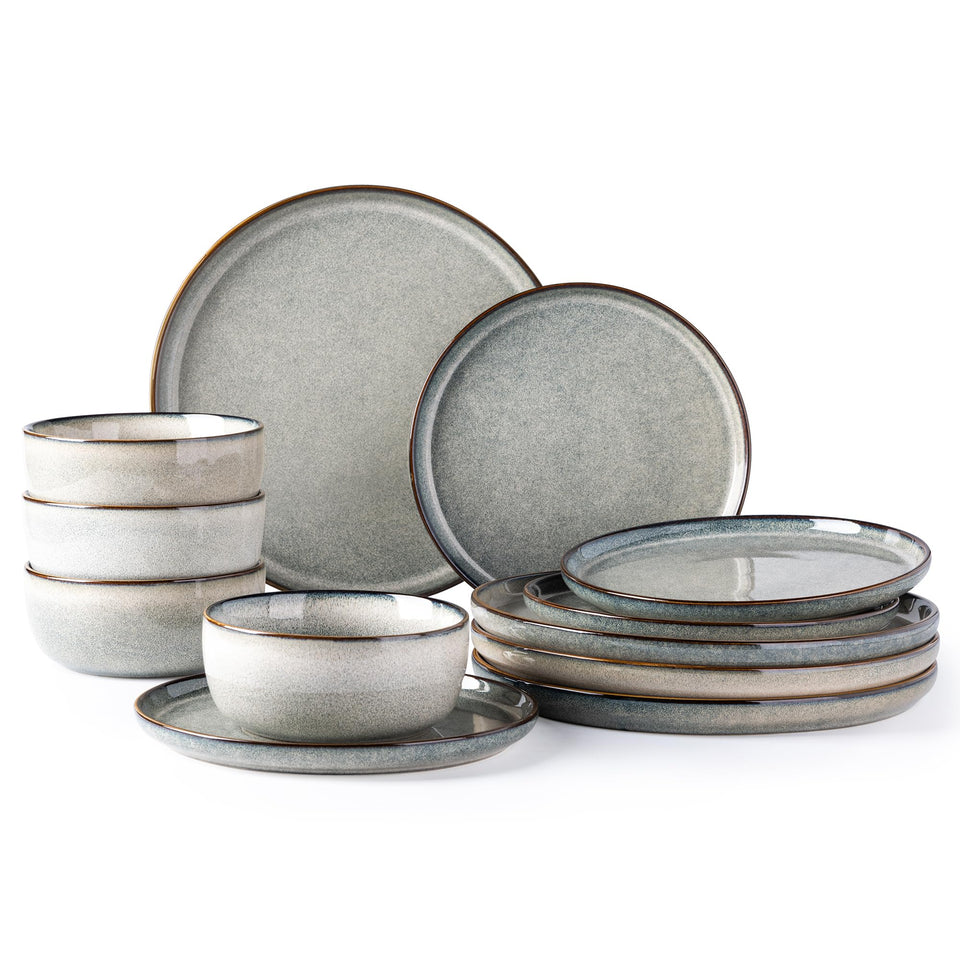 GBHOME Ceramic Dinnerware Sets for 8, 24 Pieces Stoneware Plates and Bowls Sets, Scratch Resistant Dishes, Dishwasher & Microwave Safe, Reactive Glaze-Green Wheat