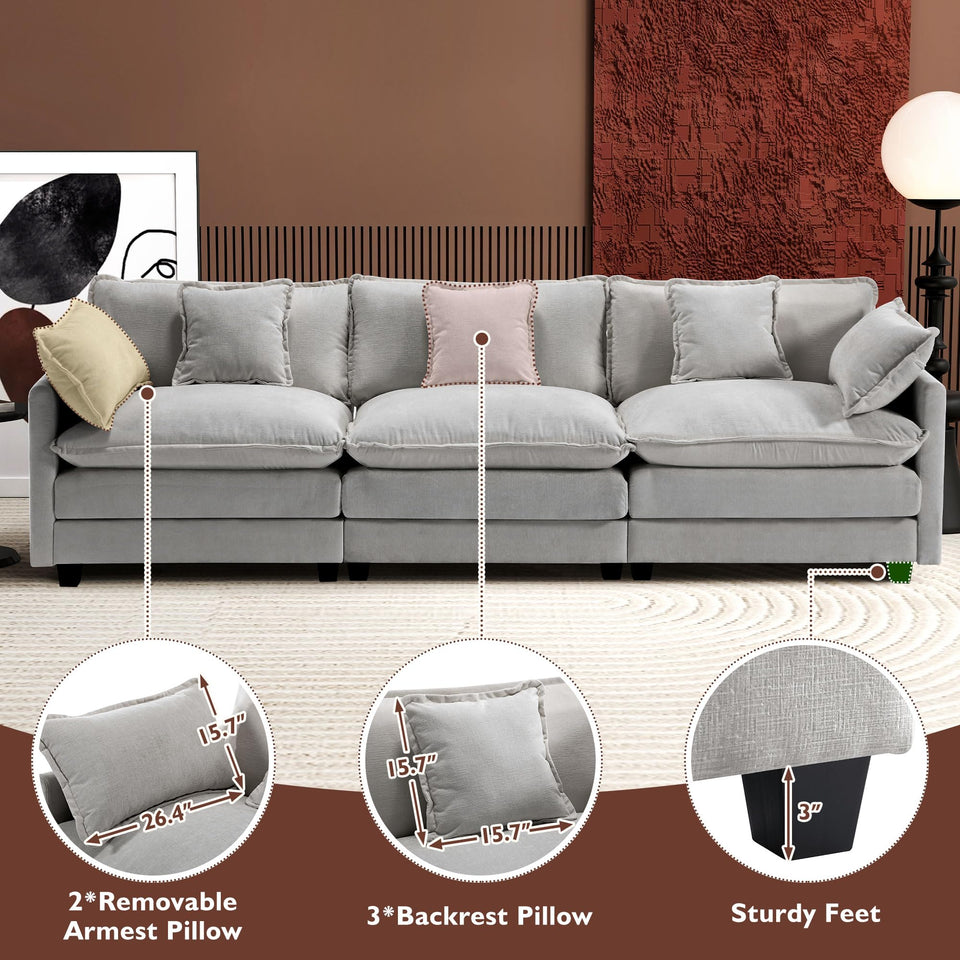 Ihanherry 146" U-Shaped Modern Sofa Modular Sectional Cloud Couch with 2 Ottoman, 6-Seat Chenille Deep Seat Sofa with 6 Pillows for Living Room, Bedroom and Apartment, Grey