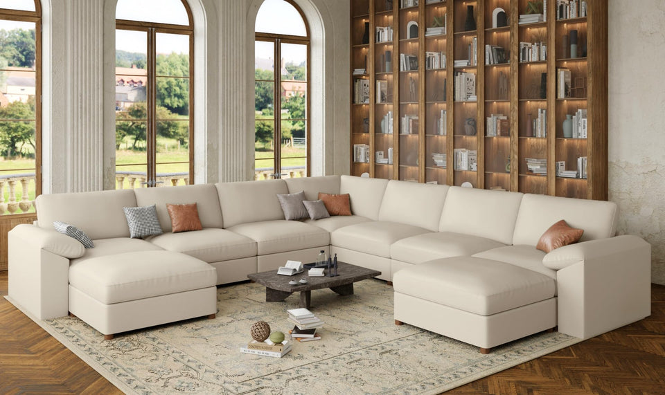 EASE MOOSE Leather Sectional Couch, Oversized Modular Sectional Sofas, Wide Deep Seat Modular Couch, Scratch Resistant Faux Leather Material, L Shaped Sofa for Big Spaces,Beige
