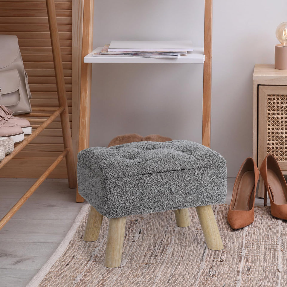 OGEMXU Storage Ottoman, Small Foot Stool Ottoman with Storage, Boucle Teddy Velvet Foot Rest with Padded Seat, Sturdy Wood Legs Stool for Living Room, Bedroom, Couch, Enterway (Cream)