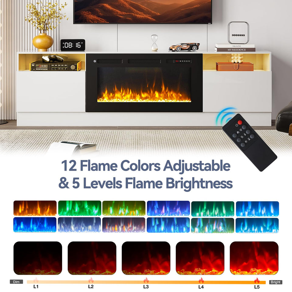 OneBlis 80" Fireplace TV Stand, LED Light Entertainment Center for TVs Up to 90", High-Gloss Door, Modern TV Console for Living Room with Storage Cabinet, Black+Black