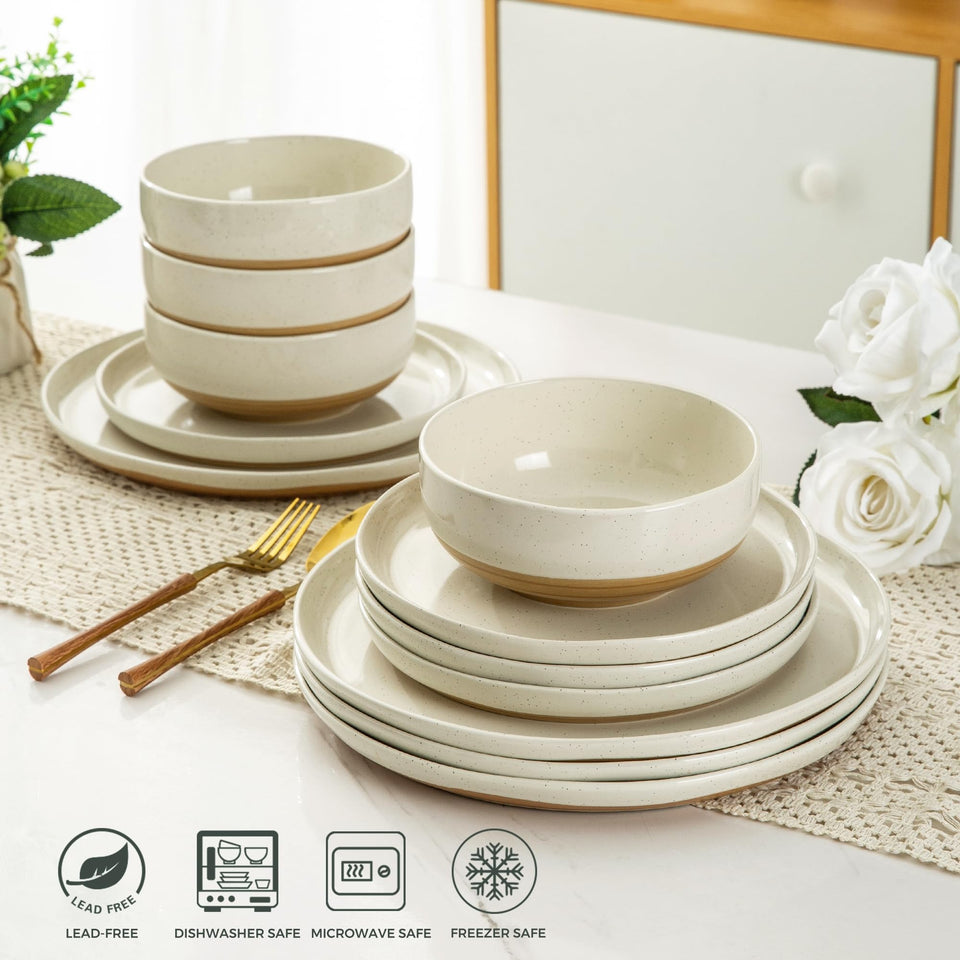 AmorArc Ceramic Dinnerware Sets for 8, 24 Pieces Handpainted Plates and Bowls Set with Rustic Terracotta Underside, Scratch Resistant Stoneware Dishes Set, Dishwasher & Microwave Safe, Light Beige