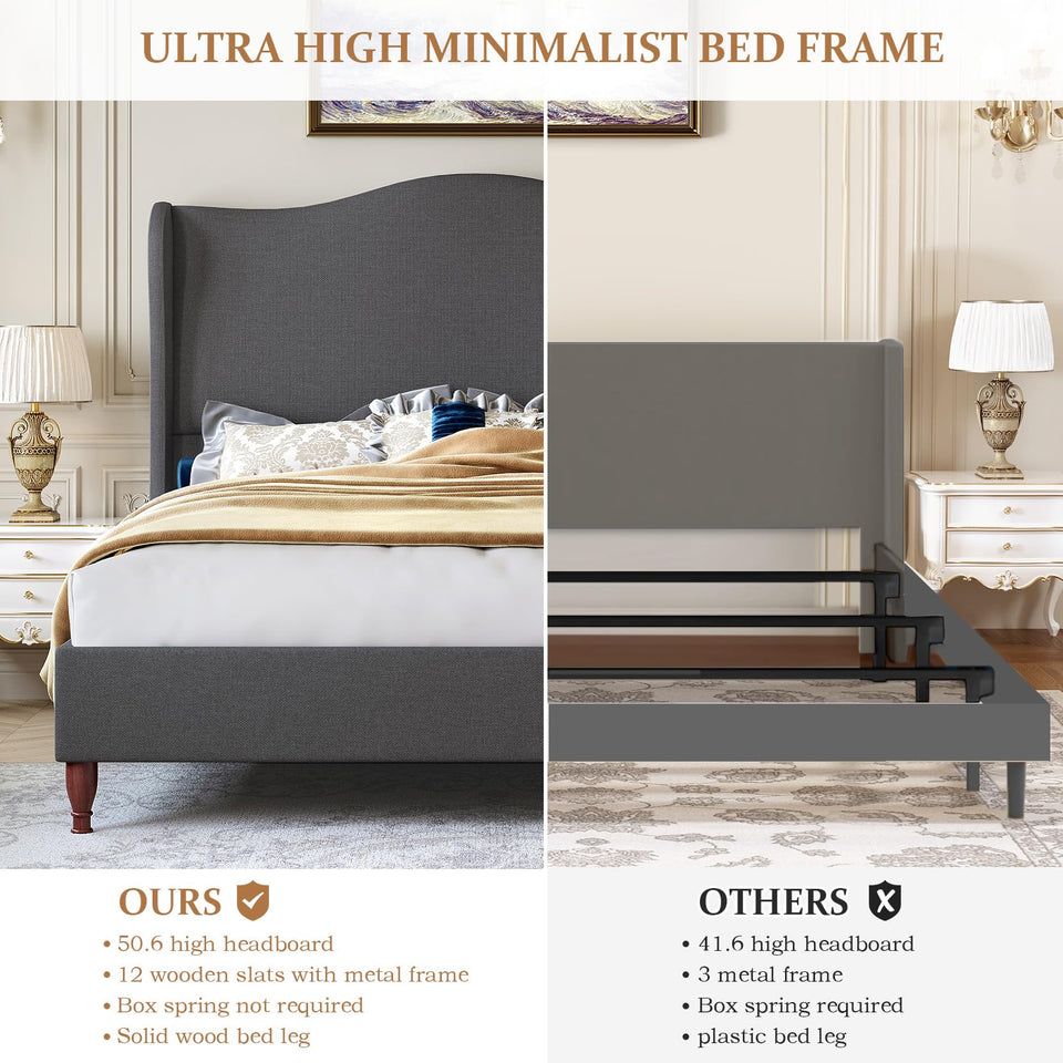 koorlian King Size Bed Frame Upholstered Platform Bed with 51" Tall Headboard Wingback, Soft Fabric, Retro Simple Style Platform Bed No Box Spring Needed, Easy Assembly, Beige