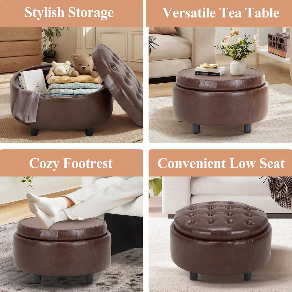 COLAMY Fabric Round Storage Ottoman with Reversible Tray Lid – Multi-Functional Footrest, Hidden Storage, Sturdy & Stylish Small Coffee Table for Living Room, Bedroom, or Entryway(Beige)