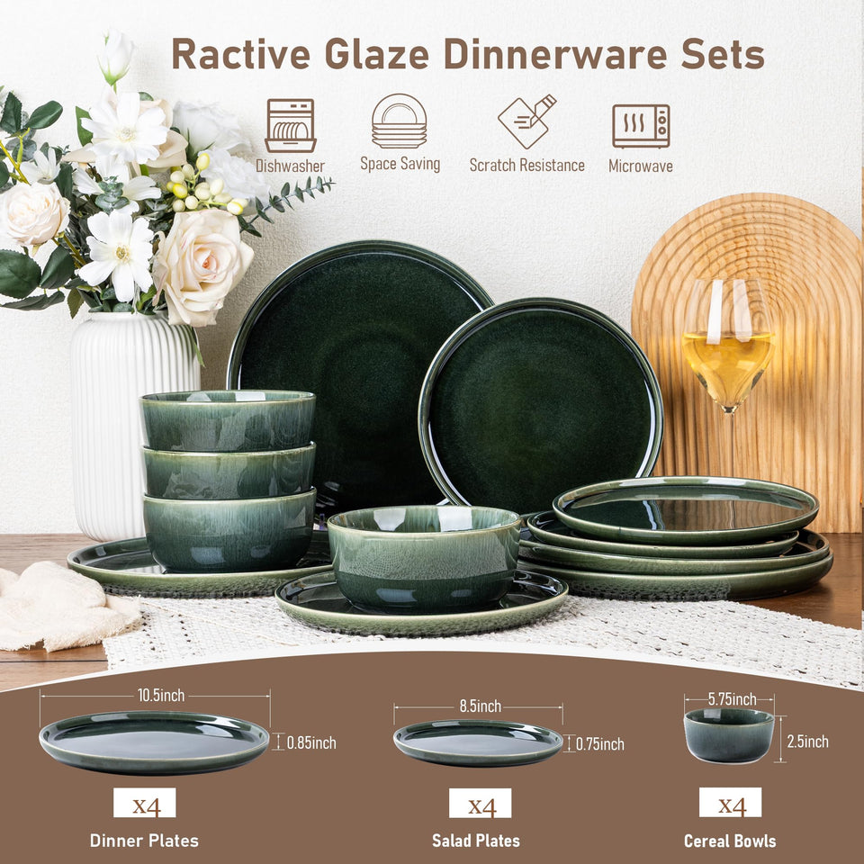 GBHOME Ceramic Dinnerware Sets for 8, 24 Pieces Stoneware Plates and Bowls Sets, Scratch Resistant Dishes, Dishwasher & Microwave Safe, Reactive Glaze-Green Wheat