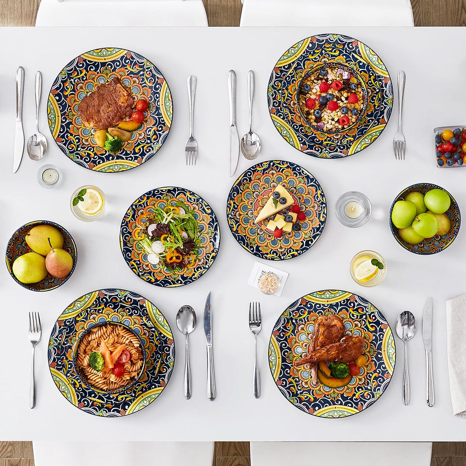 vancasso 24 Pieces Dinnerware Sets, Plates and Bowls Set, Porcelain Dishes Set for 6, Microwave and Dishwasher Safe, Scratch Resistant, Bohemian Style Dining Ware Service for 6, Series SIMI