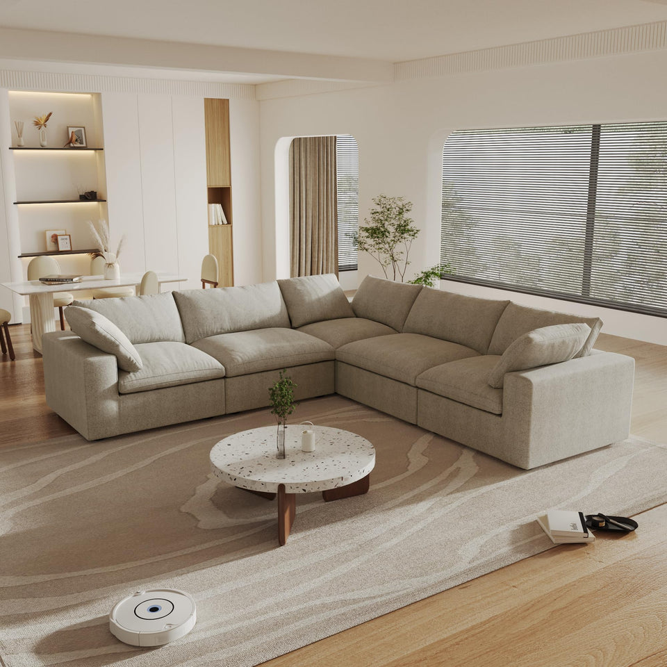 160.6" Cloud Couch Modular Sectional Sofa for Livingroom,Oversized Convertible Sofa with Storage Ottomans,6 Seat Wide Couches,Cushion Covers Removable (Khaki, 6 Seater)