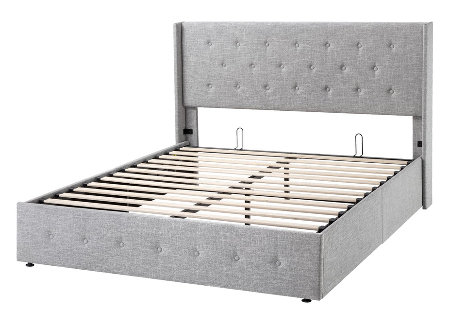 Allewie King Size Lift Up Storage Bed, Modern Wingback Headboard, Hydraulic Support, No Box Spring Needed, Light Beige