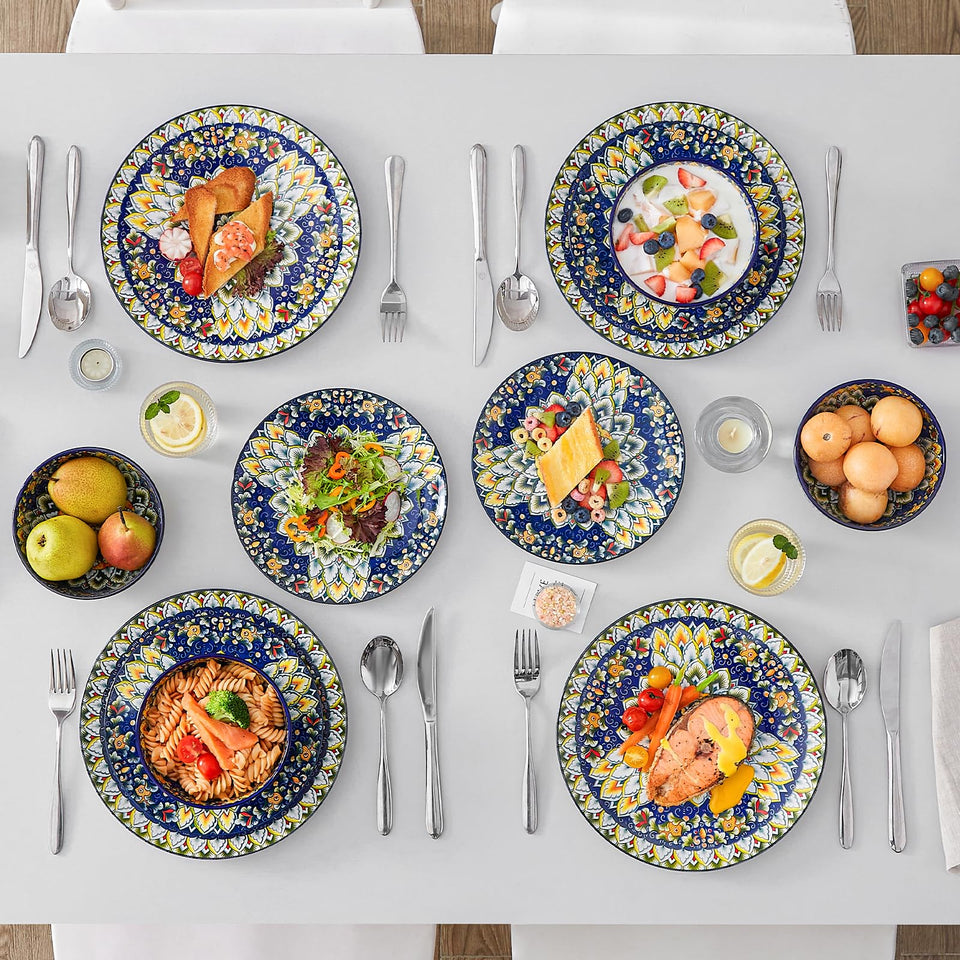 vancasso 24 Pieces Dinnerware Sets, Plates and Bowls Set, Porcelain Dishes Set for 6, Microwave and Dishwasher Safe, Scratch Resistant, Bohemian Style Dining Ware Service for 6, Series SIMI