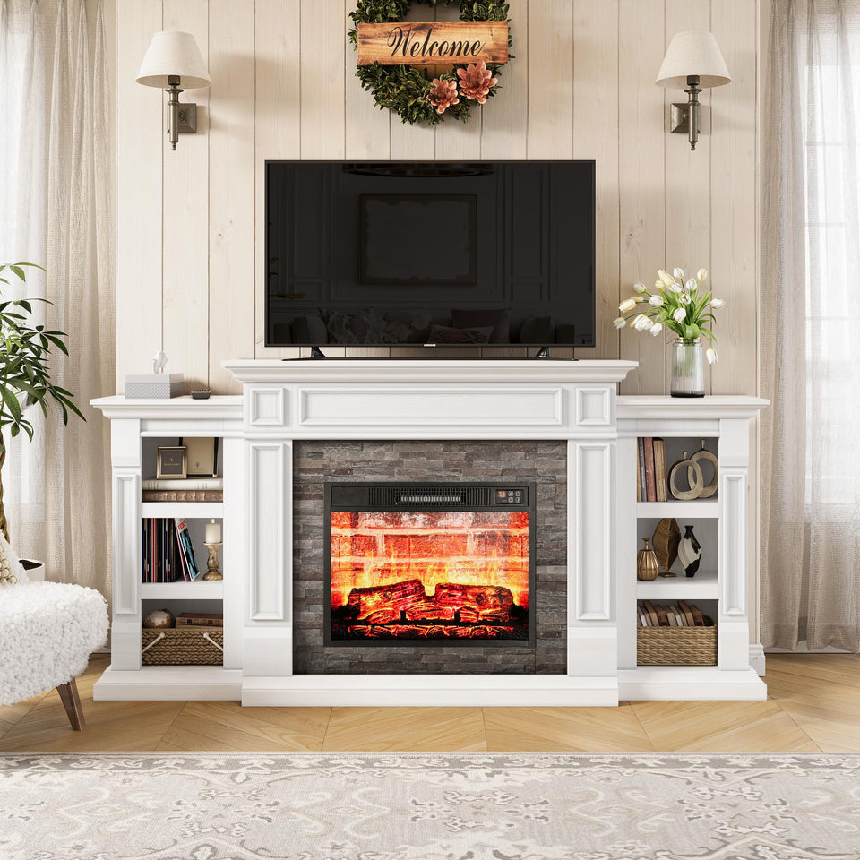 80" Fireplace TV Stand for TVs Up to 90 Inch, Electric Fireplace with Mantel, Farmhouse Entertainment Center with Storage, Realistic Stacked Stone Surround with Remote Control for Living Room
