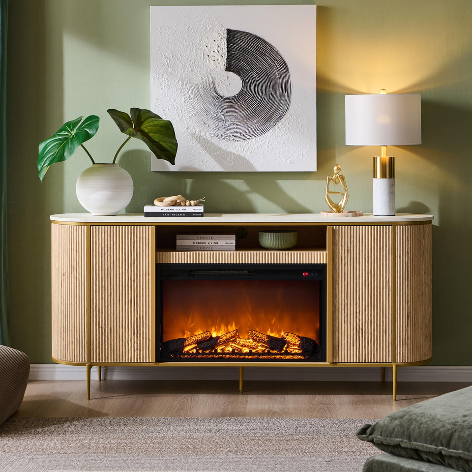 OKD Luxury 70" Fluted TV Stand, Modern Chic Entertainment Center for TVs Up to 80 inches, TV Console with Faux Marble Top, Curved Profile Design, Media Console for Living Room, Natural Oak