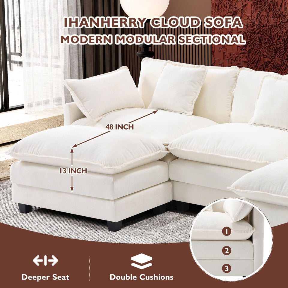 Ihanherry 146" U-Shaped Modern Sofa Modular Sectional Cloud Couch with 2 Ottoman, 6-Seat Chenille Deep Seat Sofa with 6 Pillows for Living Room, Bedroom and Apartment, Grey