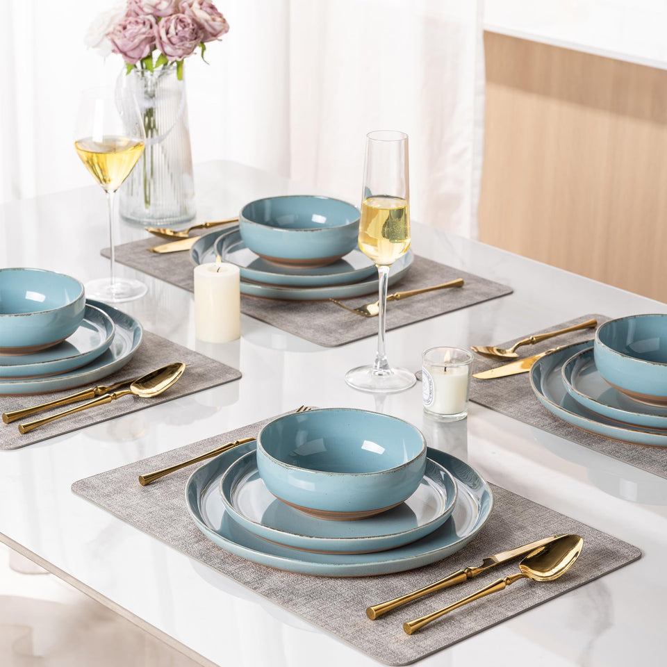 AmorArc Ceramic Dinnerware Sets for 8, 24 Pieces Handpainted Plates and Bowls Set with Rustic Terracotta Underside, Scratch Resistant Stoneware Dishes Set, Dishwasher & Microwave Safe, Light Beige