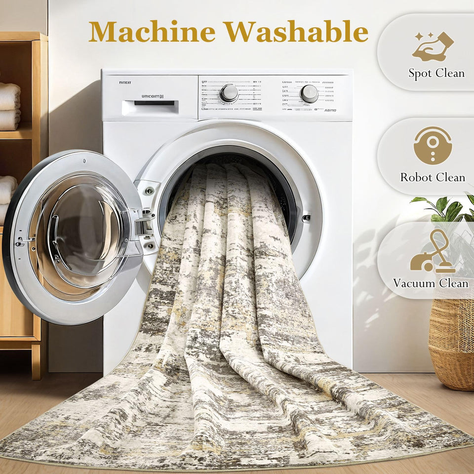 Area Rugs for Living Room: 12x15 Abstract Washable Rug Modern Neutral Large Soft Stain Resistant Non-Slip Backing Machine Table for Bedroom Dining Room Indoor Home Office Carpet - Gold Brown