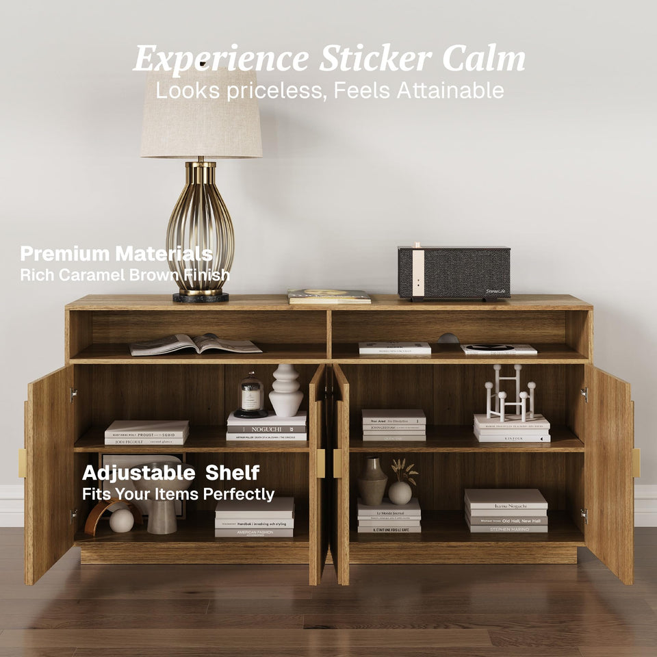 BELLEZE 65 Inch Fluted Buffet Cabinet with Storage, Symmetrical Arc Accent Sideboard Large Console Table for Dining Room, Kitchen, and Living Room (Caramel Brown)