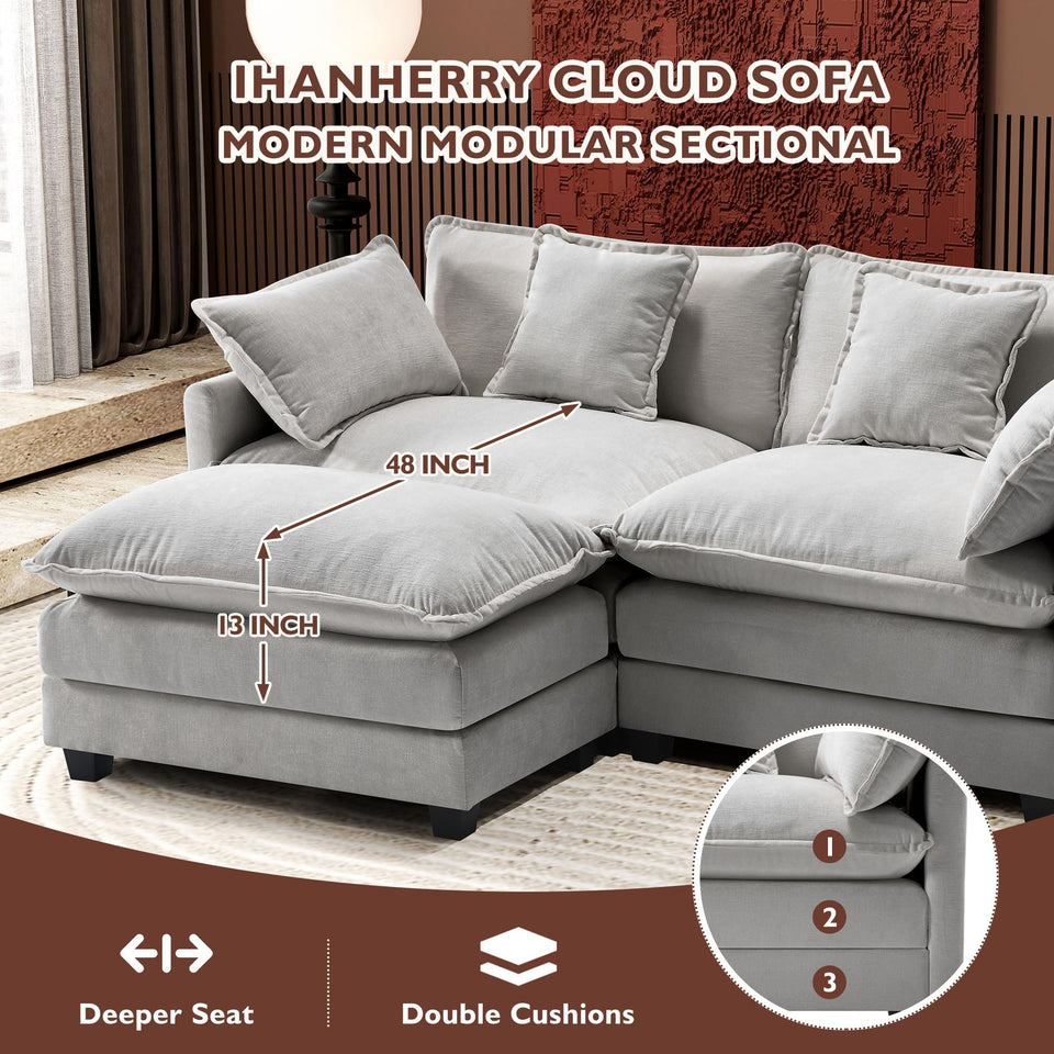 Ihanherry 146" U-Shaped Modern Sofa Modular Sectional Cloud Couch with 2 Ottoman, 6-Seat Chenille Deep Seat Sofa with 6 Pillows for Living Room, Bedroom and Apartment, Grey