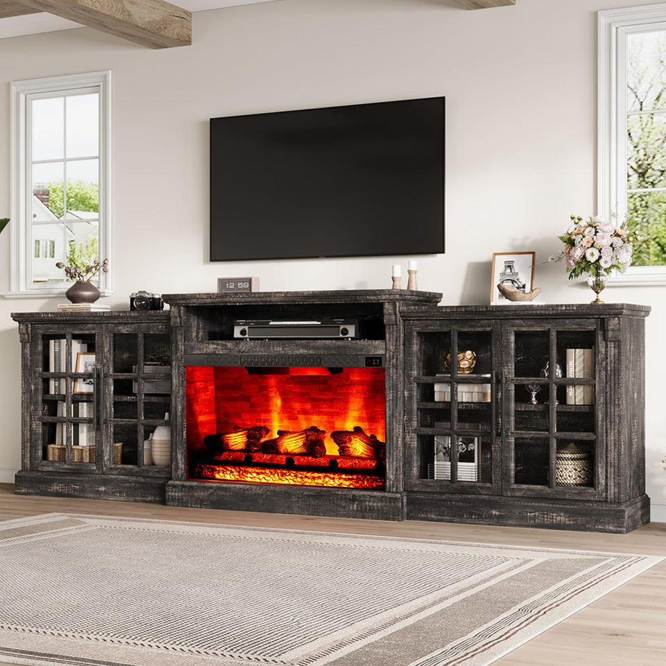LUXOAK 97" Farmhouse TV Stand with 33" Fireplace for TVs up to 100", Media Entertainment Center with Large Storage Cabinet and Adjustable Shelves for Living Room, White/Barnwood