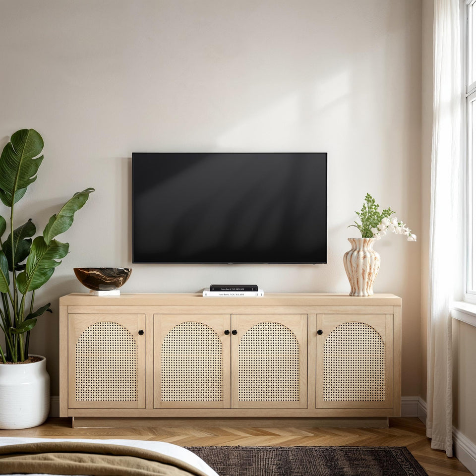 Walker Edison Sasha 4-Door Reeded Sideboard Buffet with Cord Management, 70 Inch, Coastal Oak