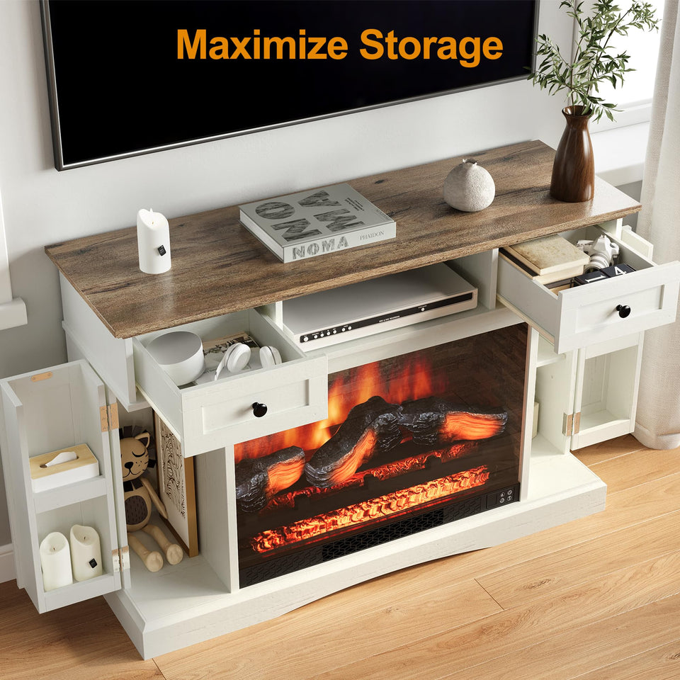 RoyalCraft Fireplace TV Stands with for TVs up to 55'', Media Console Table with Adjustable Shelves, Double-Door Design, Entertainment Center for Living Room, White and Rustic Oak
