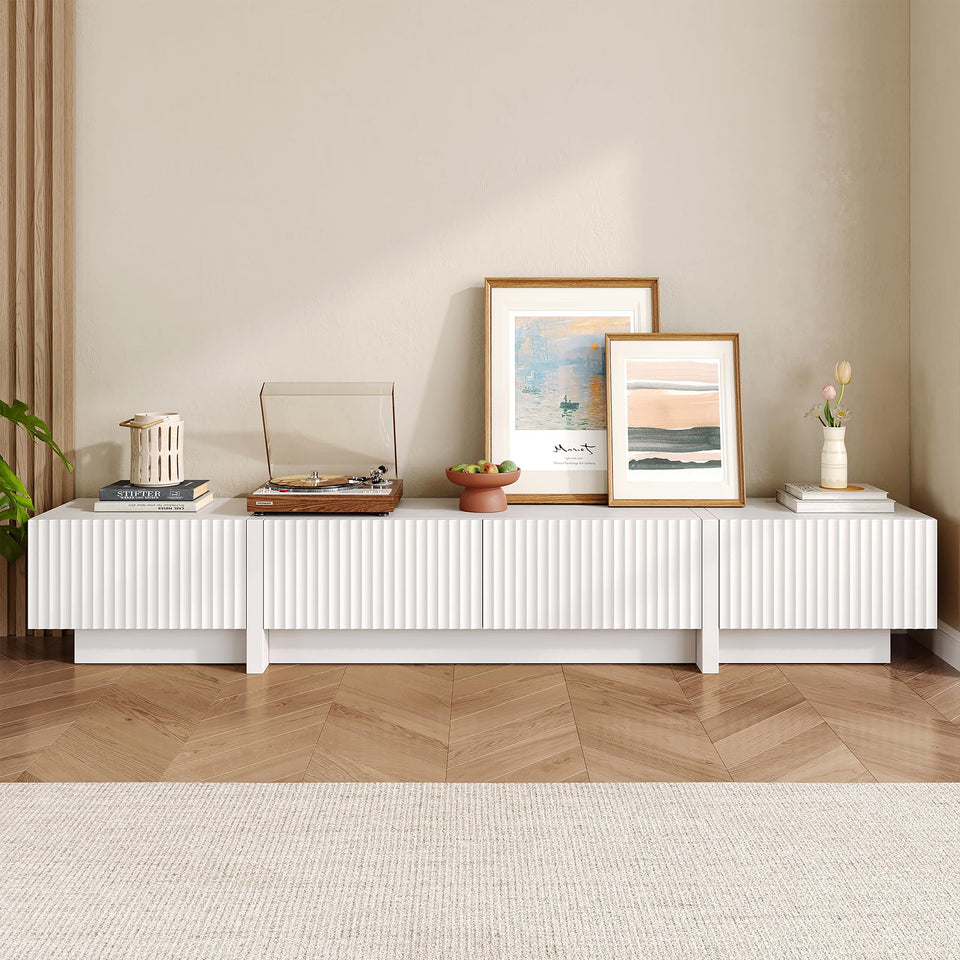 UKAOCAI 86.61'' Tambour TV Stand for 55-85 Inch, Modern Entertainment Center with Large Storage Cabinet & Open Shelves, TV Console with Sliding Doors for Living Room, Bedroom, Natural