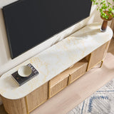 OKD Luxury 70" Fluted TV Stand, Modern Chic Entertainment Center for TVs Up to 80 inches, TV Console with Faux Marble Top, Curved Profile Design, Media Console for Living Room, Natural Oak