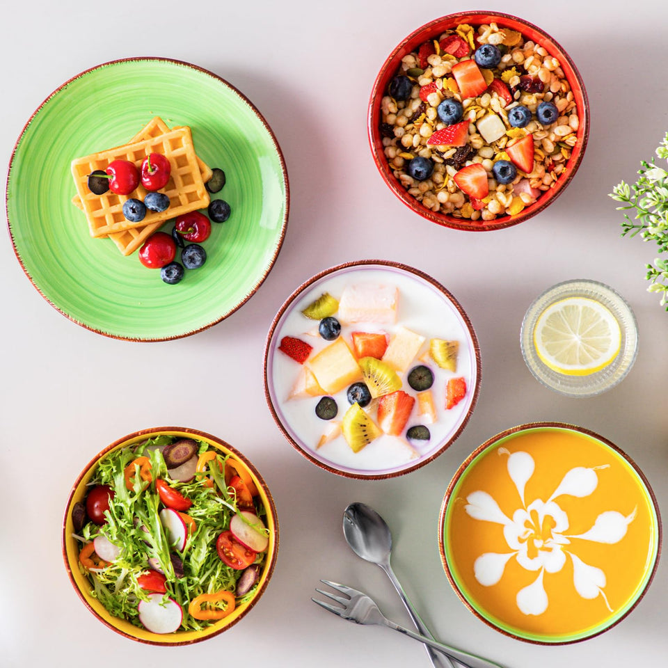 vancasso Bonita Dinnerware Set 24 Pieces Blue Stoneware Service for 6, Handpainted Spirals Pattern Stoneware Combination Set