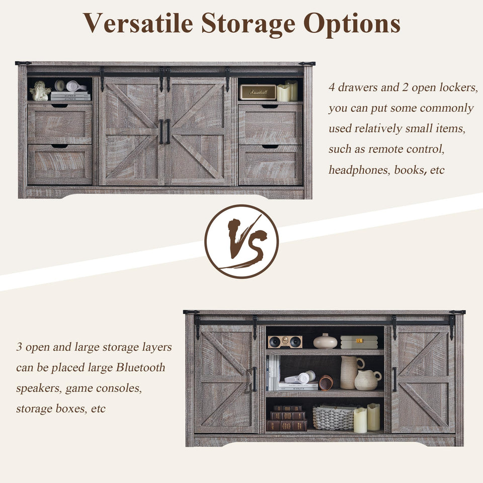 JXQTLINGMU Farmhouse TV Stand for 75+ Inch TV, 32" Tall Entertainment Center w/4 Drawers & Sliding Barn Door, Rustic Media Console w/Storage Shelves, 66" Wood Television Stand for Living Room, Brown